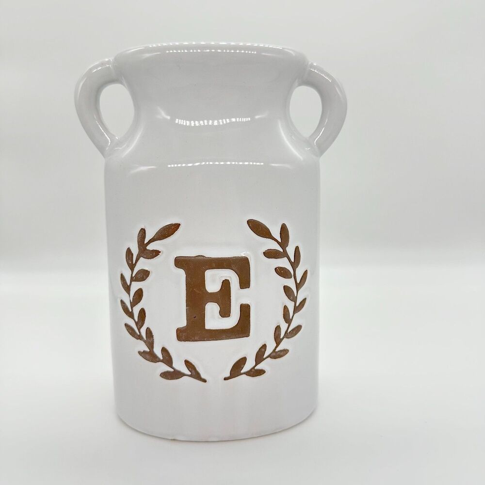 Ashland Laurel English Garden Monogram Letter E Milk Jug Vase Ceramic Decor NEW